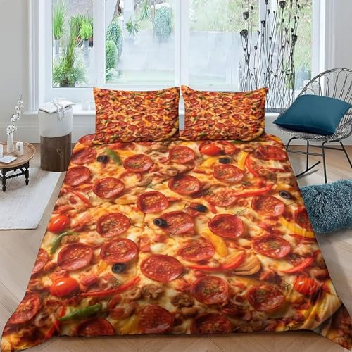 Pechiwuo Schinken Bettwäsche 140x200 Weich Kuschelige Mikrofaser 3D Druck Pizza Bettwäsche-Sets Bettbezug und 2 Kissenbezug 80x80 cm mit Reißverschluss B-5308