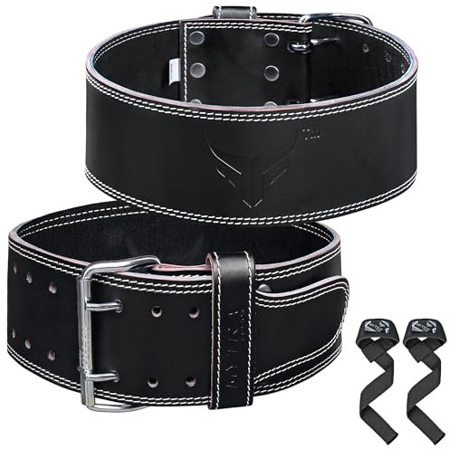 Mytra Fusion cinturon powerlifting con hebilla de acero cinturon gym hombre mujer 4 de ancho cuero genuino cinturon gimnasio Training Bodybuilding cinturon halterofilia (Black, S)