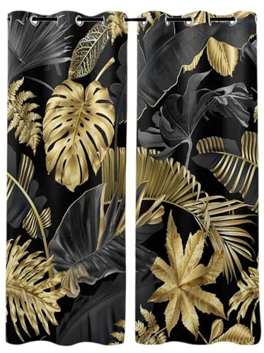 MLUNKQAIL Schallschutz Vorhang Monstera Deliciosa Gardinen Wohnzimmer Gold Verdunklungsvorhänge mit Ösen, Vorhang Blickdicht Schlafzimmer Dekoration, 2er Set, 140 x 245 cm (BreitexHöhe)