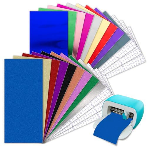 24 Stück Smart Vinyl Permanent für Cricut Joy, 9 Metallic Vinyl Spiegeleffekt & 9 Glitzer Vinyl Holografisch mit 6 Transferfolie Selbstklebend & Abnehmbar zum DIY Tassen, Autos, Banner, Dekoration