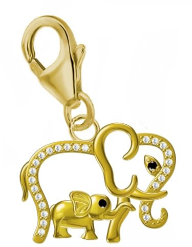Charm Anhänger Gold Elefant 925 Silber Gelbgold vergoldet, Karabiner