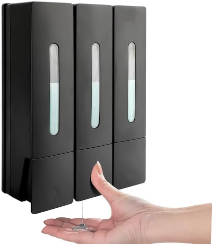 MEKOTRIN Soap Dispenser Bathroom 400ML*3 Shampoo and Conditioner Dispenser 3 Chamber Wall Mounted for Shower Gel Hand Washing Liquid ABS No Drill Set for Bathroom Kitchen(Black)