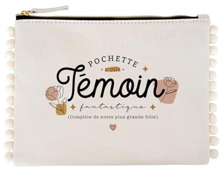 Manahia Pochette Témoin - Pochette d'une témoin fantastique, complice de notre plus grande folie - cadeau temoin mariage femme - avec pompons - 100% Coton - annonce temoin mariage - cadeau EVJF