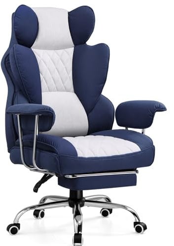 GTPLAYER Gaming Chair, Executive Office Desk Ergonomic Computer Chair with Footrest Heavy Duty High Back Lumbar Support Home Recliner Swivel Chairs (Dark Blue-White)