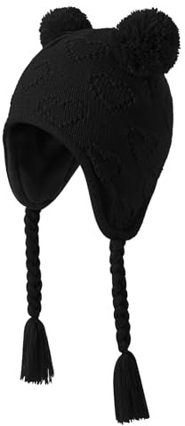 KAKU NANU Mütze Baby Wintermütze Beanie Baby Mädchen and Jungen Bommel für Mütze mit Ohrenklappen Kinder Schwarz 1 2 Jahre