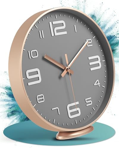 LATENO - Wanduhr Zum Aufstellen Oder Aufhängen - Lautlos, Klassisch Und Modern - Ohne Tickgeräusche - Für Wohnzimmer (Rosegold Grau, 20 cm)