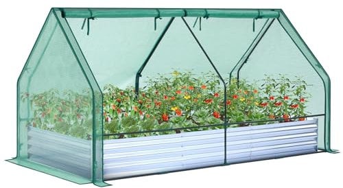Ohuhu Bancal alto con invernadero, 3 en 1, bancal elevado de metal con lámina de polietileno, bancal alto y casa de tomates con 4 puertas, bancal alto con cubierta para jardín, 240 × 120 × 30 cm
