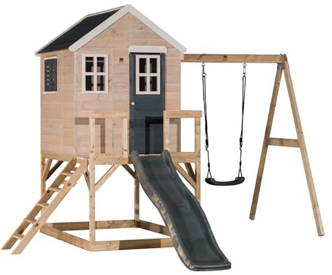 Wendi Toys M24G Stelzenhaus Kinder Outdoor mit Rutsche und Schaukel, 330 x 350 x 242 cm, Grau, FSC Holz, Spielhaus Kinder Outdoor Mit Schaukel & Kunststoff Rutsche für Garten, Spielplatz für Garten