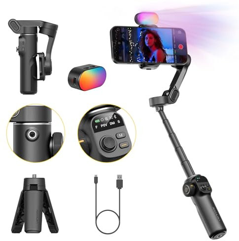 AOCHUAN Estabilizador de cardán para iPhone con luz de Relleno magnético RGB, cardán Plegable Integrado en Barra de extensión de 7.8 pies y Pantalla OLED para iPhone/Android, excelente para