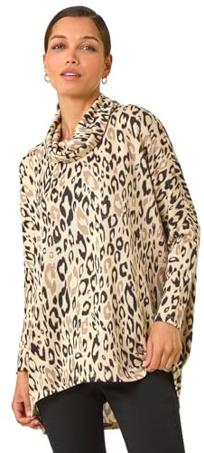 Roman Originals Print Relaxed Cowl Neck Tunic Top for Women UK - Ladies Everyday Autumn Winter Comfy Soft Evening Vacation Work Party Night Out - Cream - Size 14
