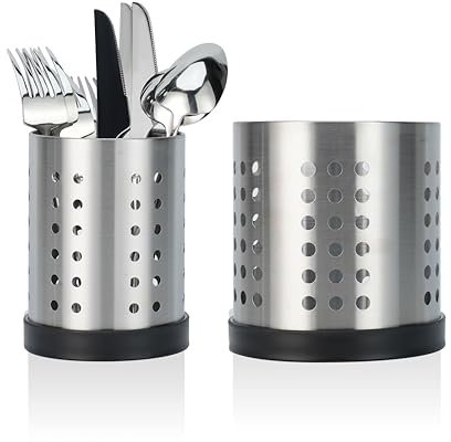 LIUCONGBD 2PCS Stainless Steel Kitchen Utensil Holder, Black Metal Cutlery Holder with Base Cooking Organiser, Rust Proof Cutlery Drainer Flatware Caddy for Spatulas Spoon Tong Fork Tableware Storage