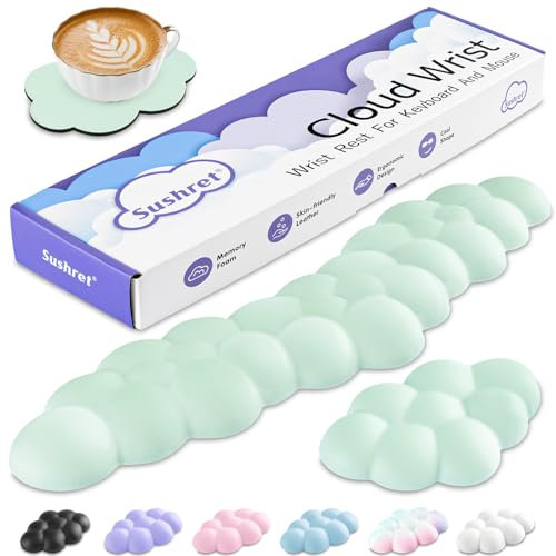 Sushret Handballenauflage Tastatur Wolke, Ergonomisches Handauflage Tastatur Wolke Mit PU Leder Memory Schaum, Cloud Wrist Rest, Niedliche Wolken Handgelenkstütze Maus Für PC Gaming Zubehör – Hellgrün