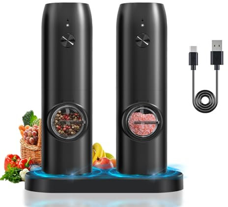 Haomacro Pepper Grinder Set of 2,USB Rechargeable Electric Pepper Mill with Charging Base,Ceramic Grind and Adjustable Coarseness,Automatic Grinder Gift for Mom,Famialy Home Kitchen Cooking