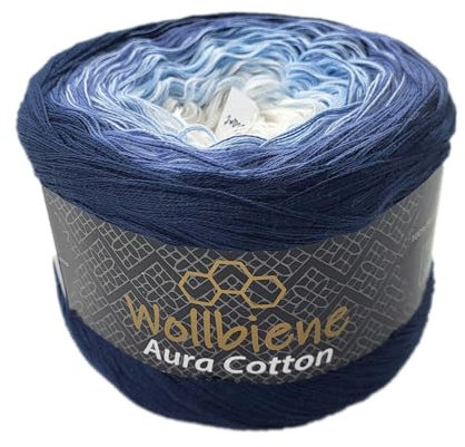 Wollbiene Farbverlaufsgarn 200g - 800m - 4 Fädig Bobbel Strickwolle Häkeln Bobbel Wolle Farbverlauf, 100% Baumwolle, Strickwolle Mehrfarbig (807 dunkelblau blau weiß)