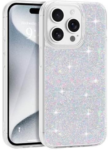 LCHULLE Designed for iPhone 15 Pro Case,Women Girls Glitter Bling Shockproof Bumper Cover,Cute Sparkly Shiny Slim Fit Protective Phone Case for iPhone 15 Pro 6.1 inch,White