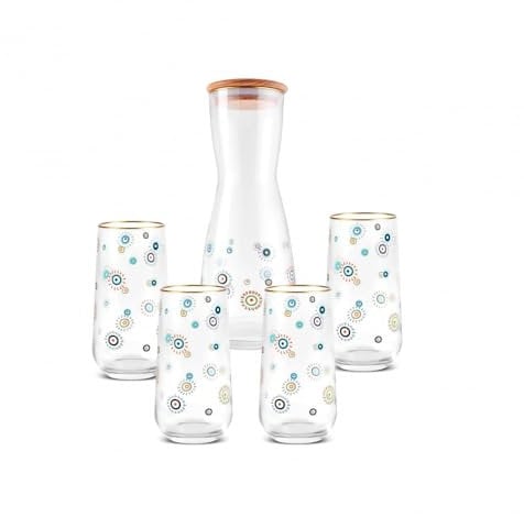 KARACA Glass Carafe with Lid and Drinking Glasses, 5-Piece Glass Carafe Set, Tall Tumbler Glasses for Juice & Water, Highball Glasses, Eye Beads Design, 2L