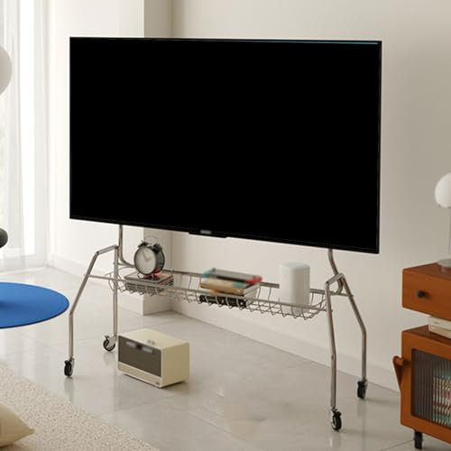 YZWZZXC Meuble TV Roulette, Support TV au Sol, pour Téléviseurs de 43 à 75 Pouces, Capacité de Charge de 100 Kg, Largeur Réglable, Panier de Rangement Ouvert