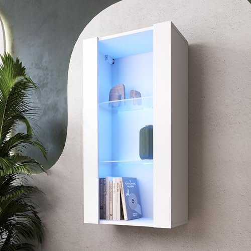 Komodee, Hängende Vitrine Schrank Tivoli, Weiß/Weiß, Breite 50cm x Höhe 100cm 50cm x Tiefe 29cm, LED Blau, 2 Regalböden, für Wohnzimmer, Schlafzimmer, Eingang
