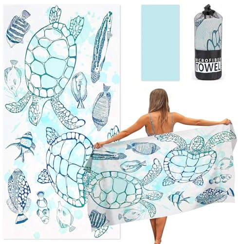 Ainiv Strandtuch, Strandhandtuch Groß, 80x160 cm Beach Towel/Badetuch, Weiches Leichtes Sport Yoga Handtuch mit Tasche, Schnelltrocknendes Microfaser Pooltuch für Bad, Reisen, Sport-Schildkröten