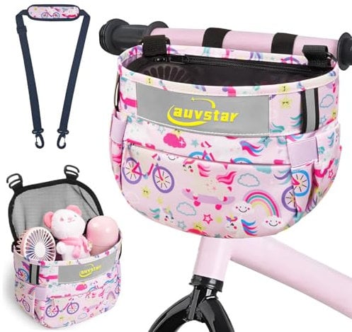 auvstar Fahrradkorb Kinder Vorne, Lenkertasche mit Regenbogen Design - Wasserdicht, Schultergurt, 24x16x11.4 cm, für Laufrad & Fahrrad (Rosa)