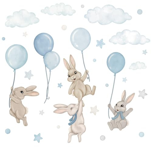 Wally Fox - Wandsticker Kinderzimmer - Wandtattoo Babyzimmer - Ungiftig, sicher, leistungsstark - 29 Stück Sticker, Hasen mit Luftballons, Hasen, Luftballons, Sterne - Rosa, Puder, Creme, Beige