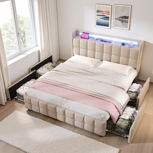Seyakany Lit rembourré avec Prise de Courant et Port de Chargement USB, lit Coffre 160x200 avec éclairage LED et 2 tiroirs,Cadre de lit 2 Personne avec sommier à Lattes en Bois (Beige,160x200)
