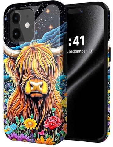ETLKJVBL for iPhone 11 Case, Highland Cow Flowers Hybrid 2-Layer Hard Shell with Shockproof Silicone, Dual-Layer Protective Case for iPhone 11
