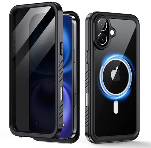 Lanhiem für iPhone 16 Hülle IP68 Wasserdicht Sichtschutz Magnet | Handyhülle Kompatibel mit Magsafe,360 Grad Stoßfest,Staubdicht Outdoor Panzerhülle,mit Anti-Spähen Schutzfolie,Schwarz