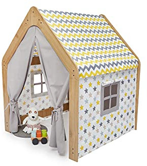 MINERA Montessori Spielhaus aus Holz – Indoor Spielzelt für Kinder – Natürliches Design mit Stoffbezug – Perfekt fürs Kinderzimmer (Natürlich/Weiß/Gelb)