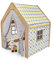 MINERA Montessori Spielhaus aus Holz – Indoor Spielzelt für Kinder – Natürliches Design mit Stoffbezug – Perfekt fürs Kinderzimmer (Natürlich/Weiß/Gelb)