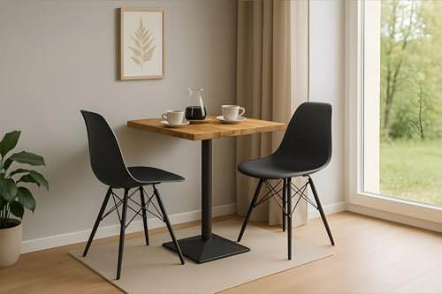 SAM Essgruppe INES | 60 x 60 cm | Bistrotisch aus Mangoholz massiv + Natur | echte Baumkante | Säulenfuß Schwarz | 2X Schalenstühle Lerche mit Sitzkissen | Farbe: Schwarz | Bistro-Set