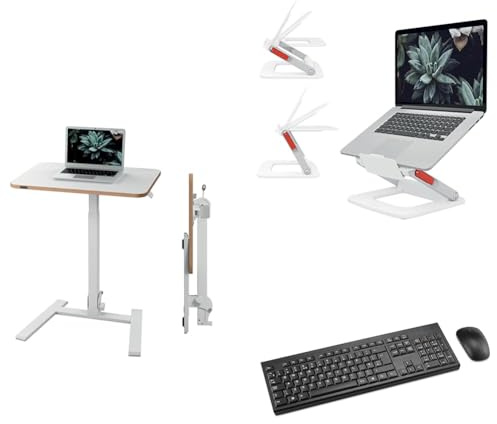 Leitz Set Ergo Klappbarer und höhenverstellbarer Schreibtisch + Multi-Winkel Laptopständer + Kensington Tastatur-Maus-Set KM150 EQ, Kompaktes Stehpult mit Tragegriff, 65880001 + 64240001 + K75562DE