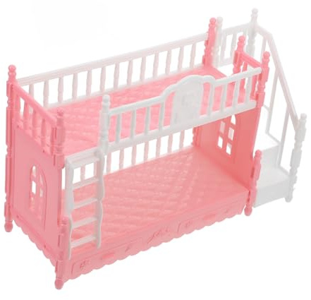 Miniatur Doppelstockbett Modell mit Leiter aus Abs für Puppenhaus | Minihaus Etagenbett, 16cm Möbel für Puppen und Decken, Rosa, Schlafzimmer Deko