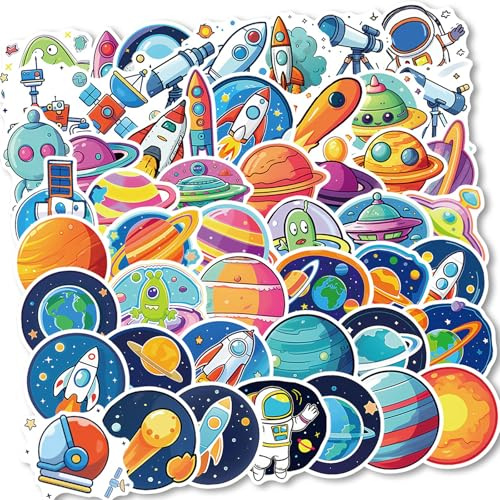 SKDFHOD 50 Stück Astronauten Weltraum Sticker, Galaxie Aufkleber Set, Planeten Aufkleber Wasserfeste Vinyl Cartoon Weltall mit Stern Planet Weltraum Rakete, für Deko Kinder und Spac
