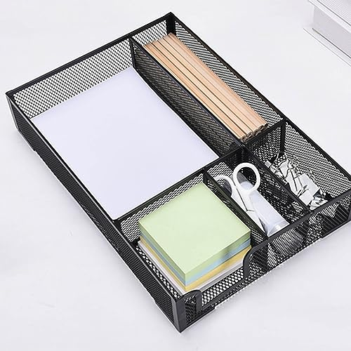 HERCHR Organisateur en maille métallique, 12,4x8,5x1,8 pouces, 5 grilles, plateau à tiroirs noir, organisateur de bureau antidérapant, panier de rangement de couverts pour la cuisine et