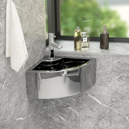 Lavandino Angolare in Ceramica Argento 45x32x12,5 cm con Troppopieno e Foro Rubinetto, Design Moderno per Bagno e Toilette, Facile da Pulire, Installazione a Parete
