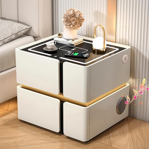 GXSDYYDS LED Nachttisch mit Ladefunktion, Weiß Nachtschrank mit 3 Licht Dimmbar, Bluetooth-Lautsprecher, Kabelloses Laden, Automatischer Sensor, Smart Beistelltisch mit 2 Schubladen, 2USB, 1Type-C