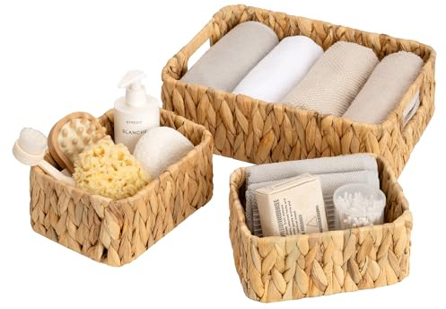 GRANNY SAYS Water Hyacinth Storage Basket, Decorative Wicker Storage Baskets, Pack of 3 Wicker Baskets for Shelves, 1 Large Wicker Basket and 2 Small Storage Baskets for Gifts