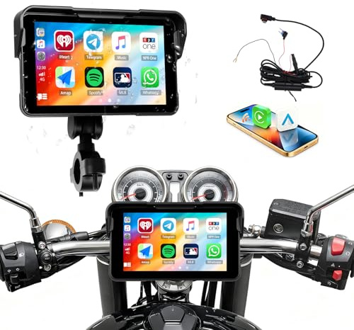 [2026 CARPLAY] CAMECHO 5 pollici Touchscreen wireless Carplay Moto con Bluetooth, GPS Moto Auto con CarPlay wireless Android Auto IP68 Impermeabile Monitor universale con regolazione EQ per moto 12V