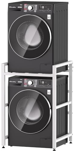 VELPAX Washer Dryer Stand Stacking Kits, 300KG Load Capacity, Robust Carbon Steel Frame with 3 Level Height Adjustment and Anti Slip Mat, for Tumble Dryer and Dishwasher(White)