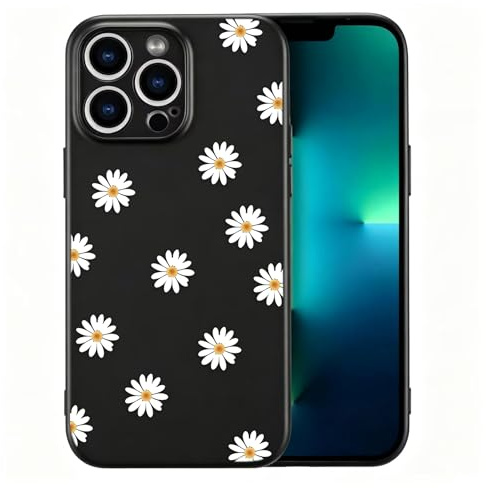 RALEAVO Case for iPhone 13 Pro Max, Flower Silicone Cover, Black/Chamomile | For iPhone 13 Pro Max Liquid Silicone Phone Case, for Girls Women Aesthetic Flowers Shockproof Protective Soft Cover