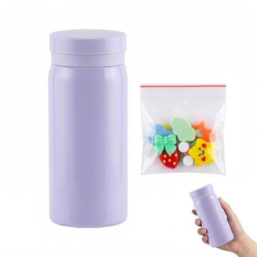 Termo Pequeño 200ml Botella Térmica de Acero Inoxidable para Café y Agua, Mini Termo de Bolsillo Portátil con Pegatinas 3D, Diseño Hermético y Compacto para Viaje, Oficina y Bolso, Morado