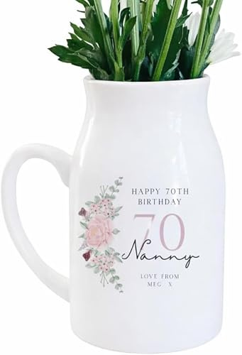 UNIQUEPGIFTS Personalised 70th Birthday Milestone Gift | Small Flower Jug Vase, Birthday Keepsake for Nan, Nanny, Nana, Grandma, Auntie, Friend, 12.5cm High