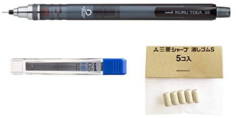 Uni-Ball Kuru Toga selbstschärfender Druckbleistift 0,5 mm, rauchfarbenes Gehäuse – Einzelmine + 12 Ersatzminen und 5 Radierer