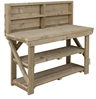 Arbor Garden Solutions Heavy Duty Workbench with Double Shelf & Back Panel, Pressure Treated Timber Garage Table - 4ft (120cm)