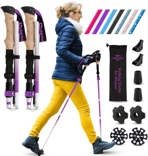 Wanderstöcke für Frauen -35cm Faltbare Trekkingstöcke für Rucksackwandern, Sport und Reisen, Set aus 2 Aluminium Nordic zusammenklappbaren Trekkingstöcken. (Lila, 115-135cm)