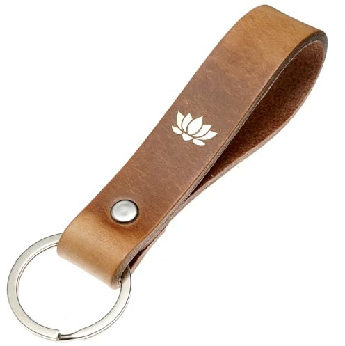 ELBERCRAFT® Schlüsselanhänger Leder Lotusblüte Geschenk für Frauen oder Männer pflanzlich gegerbt braun mit gravur gold 12 cm made in Germany Leather Keychain