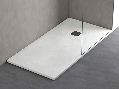 Plato Ducha Resina Efecto Pizarra Extraplano, Resistente al Rayado y Alta Durabilidad, Fácil Instalación y Limpieza y Muy Agradable al Tacto 80x180 Blanco
