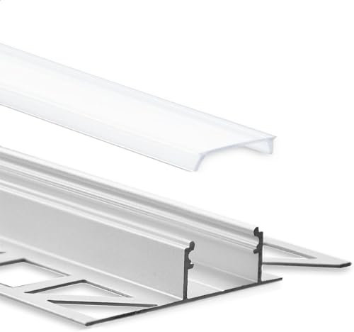 Profilé en aluminium pour carrelage LED - 2 m - Avec Cache en aluminium pour bandes LED jusqu'à 12 mm de large - 2000 mm de long (carrelage profilé en T - revêtement satiné/laiteux).