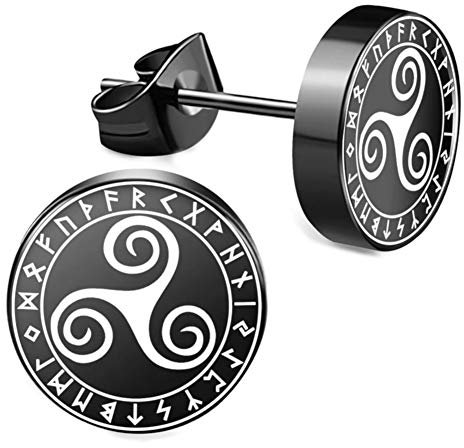 CHICNET Edelstahl Ohrstecker schwarz 8mm 10mm Viking Celtic Nordic Wikinger Norse keltisch Ohr Schmuck Chirurgenstahl Unisex weiß Tribal Männer Damen Herren Triskele